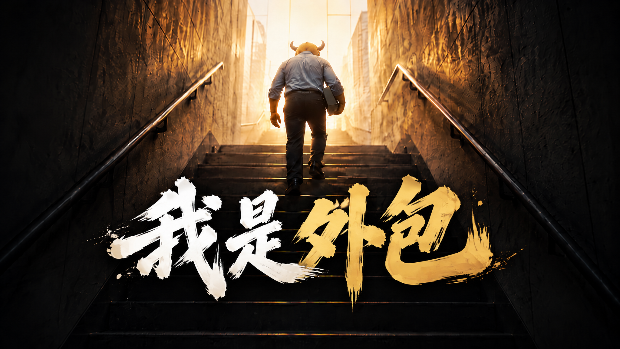 《我是外包》横版封面:牛来走向被晨光照亮的城市楼梯