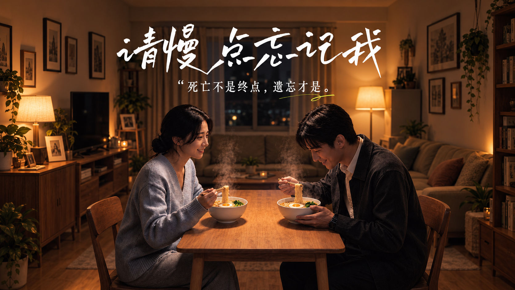 《请慢点忘记我》横版短片封面:一对恋人在暖灯下共吃一碗面