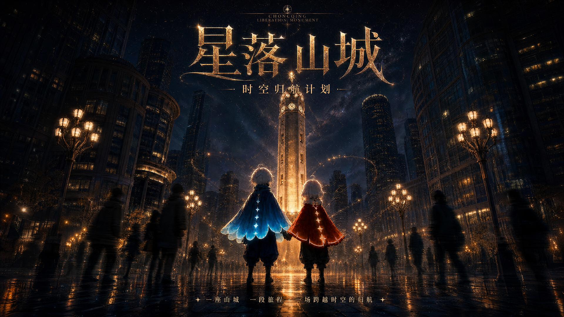 《星落山城》横版封面:星空下的山城、解放碑与两位披着发光斗篷的孩子